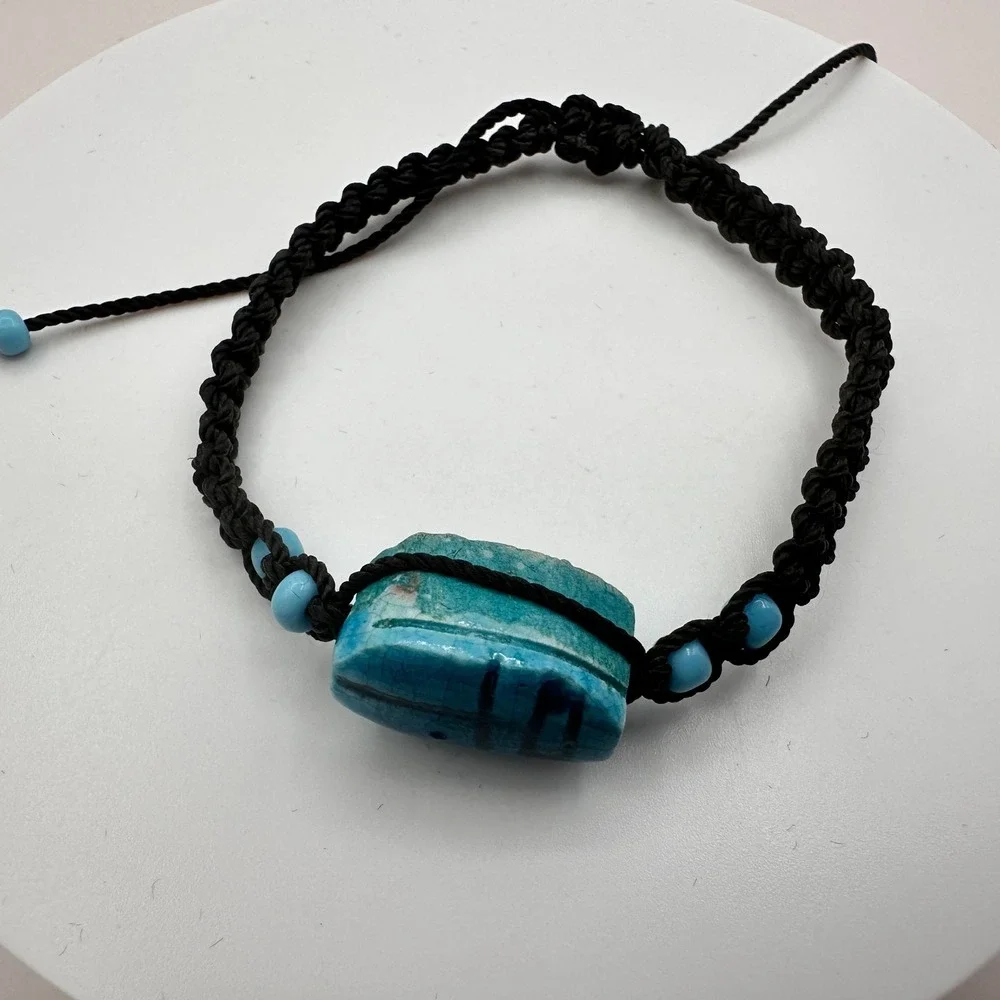 Vintage 90s Egyptian Scarab Bracelet Blue Glass Stone Braided Cord Boho Jewelry
